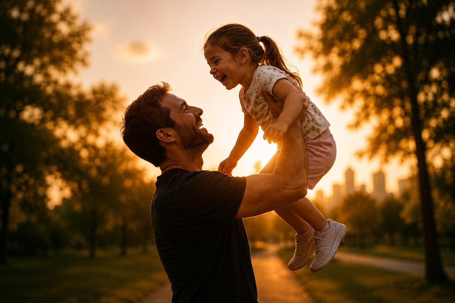 Padre levantando a su hija en brazos al atardecer